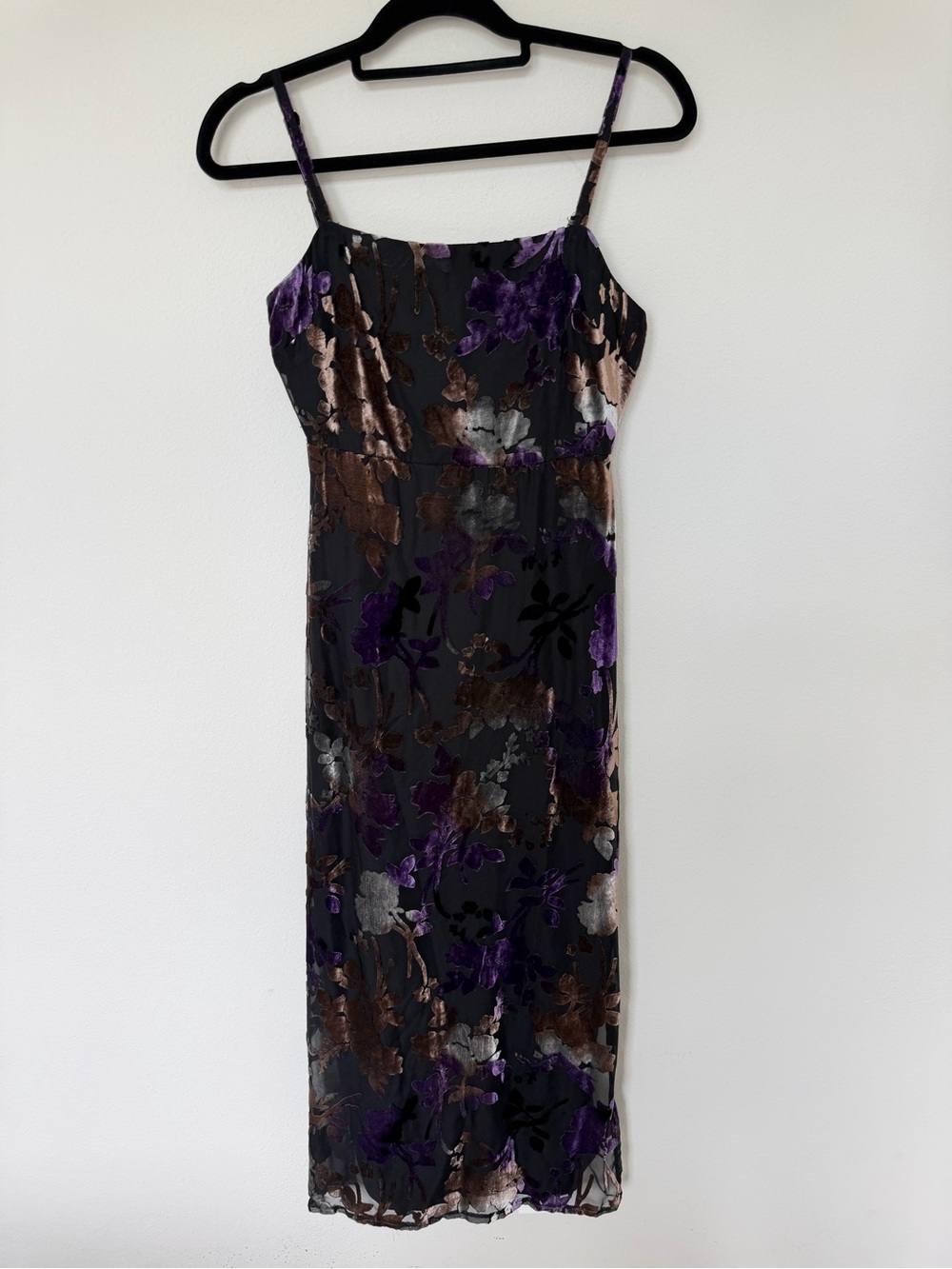 ✅ NWT Taylor Black Midi Slip Dress with Purple and Brown Floral Burbout Velvet 2